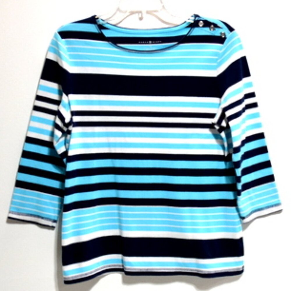 Karen Scott Women's Black, Blue & White Striped Round Neck Short Sleeve Top – M